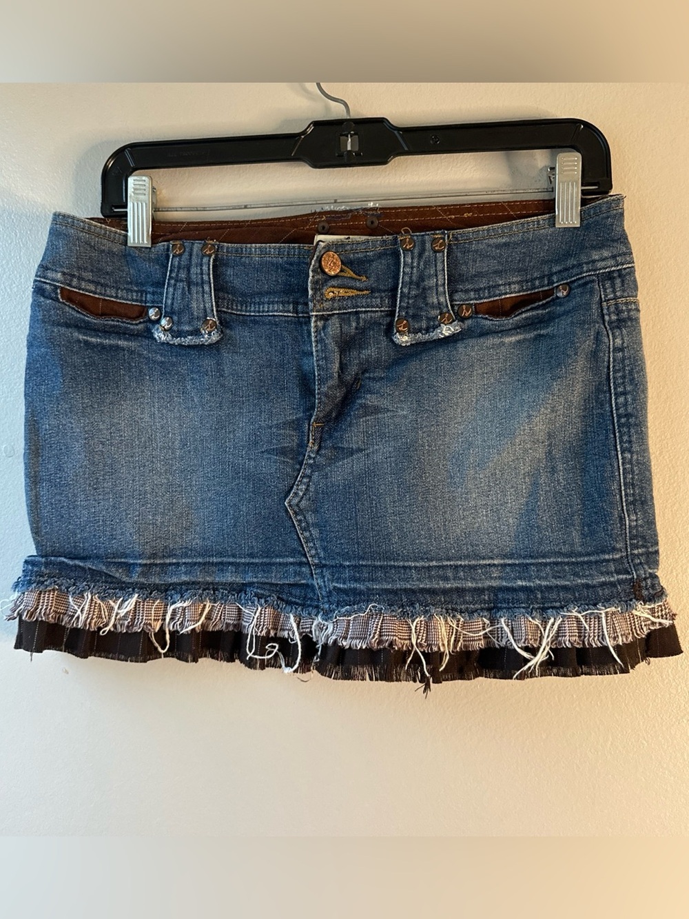 lola Blue Denim Mini Skirt with Frayed Trim and Brown Accents